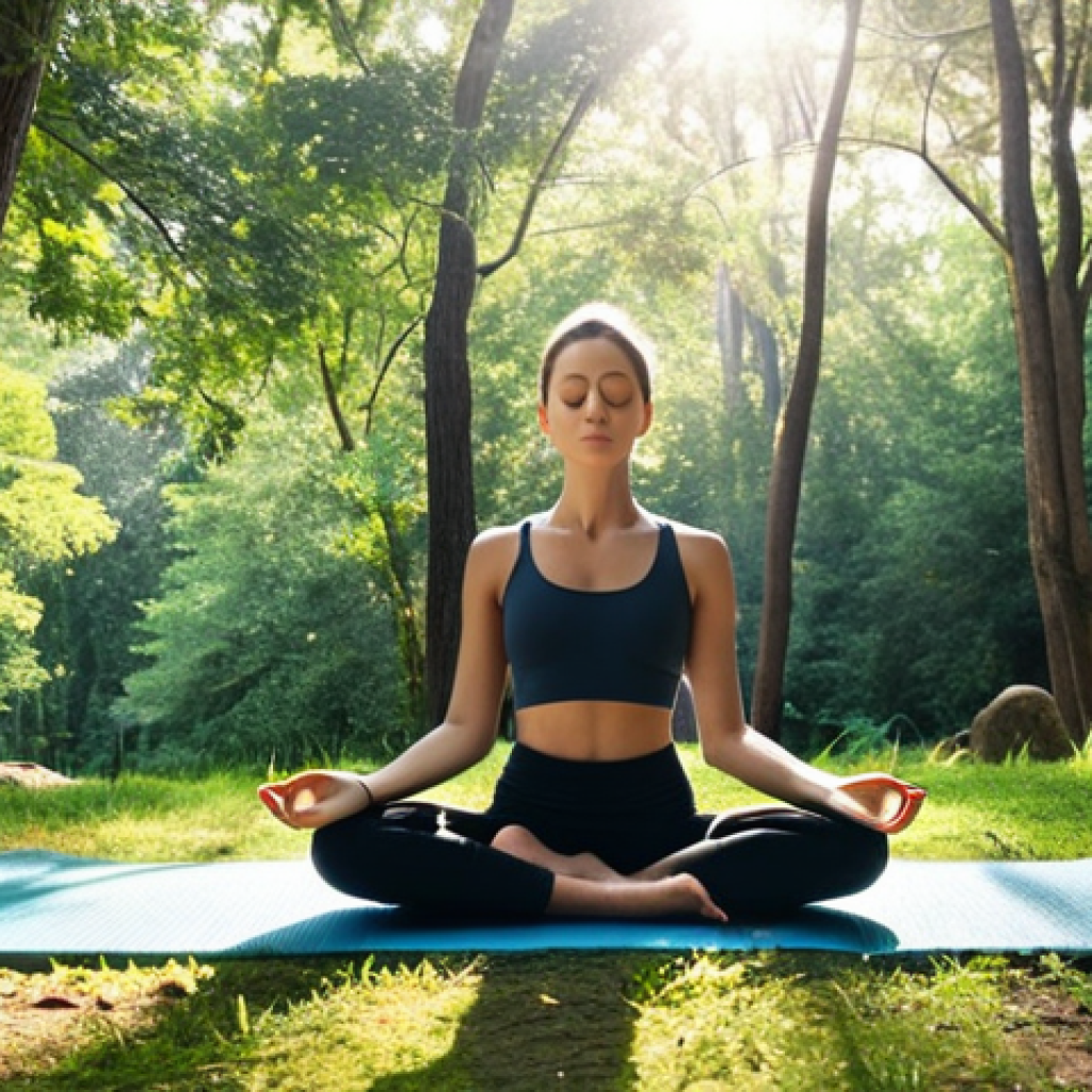 **

Prompt: *A person meditating outdoors in nature, away from technology, surrounded by trees and sunlight. Emphasize a sense of calm and mental well-being, escaping the pressures of social media. Consider elements like a yoga mat or peaceful scenery.*

**